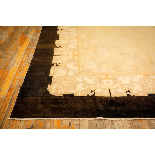 Textile 1920s Soft Yellow Field Antique Floral Minimalist Knotted Wool Chinese Peking Rug For Sale - Image 7 of 9