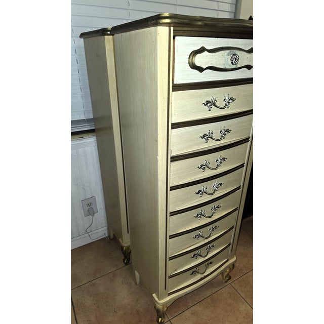 A spectacular, matching pair of vintage mid-century French Provincial lingerie chests in exceptional, pristine condition....