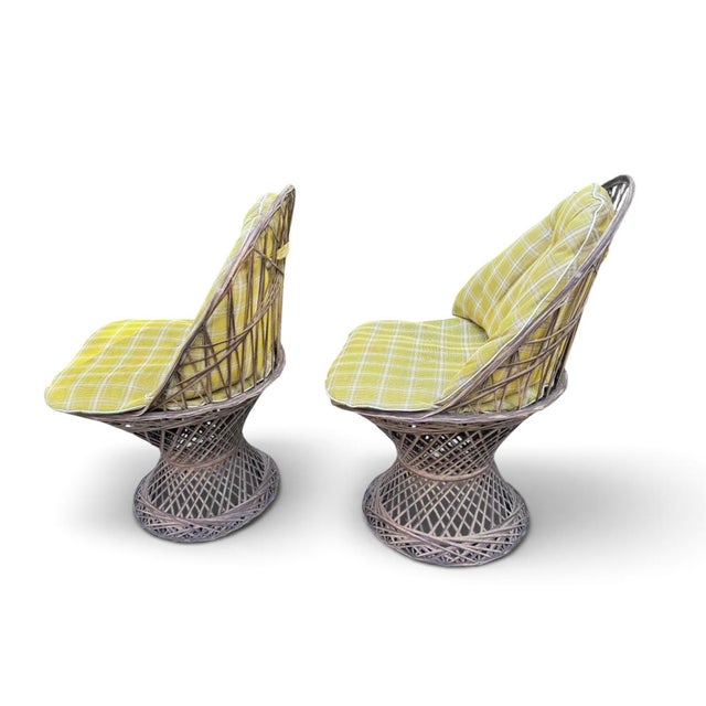 Great pair of MCM patio chairs attributed to Russell Woodard in their hard to find natural color. Original yellow outdoor...