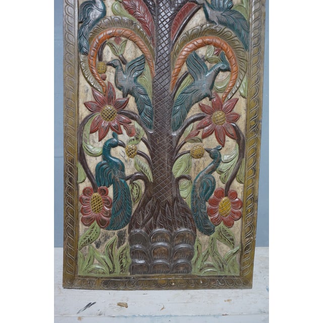 Hand-Painted Tree of Life Carved Wood Door Panel – Vintage Indian Folk Art Wall Decor 84x36 For Sale - Image 4 of 7