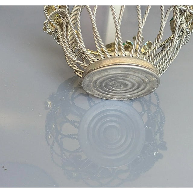 Shabby Chic Vintage Metal Braided Basket With Tole Painted Flowers For Sale - Image 3 of 3