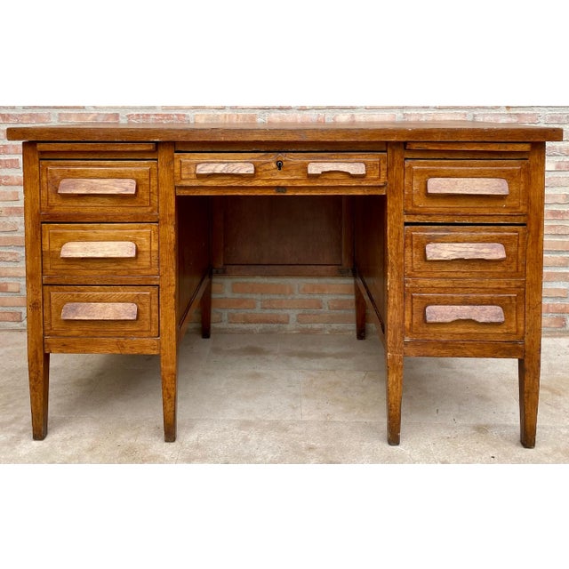 Mid 20th Century Vintage Oak Desk with Seven Drawers, 1940s For Sale - Image 5 of 5