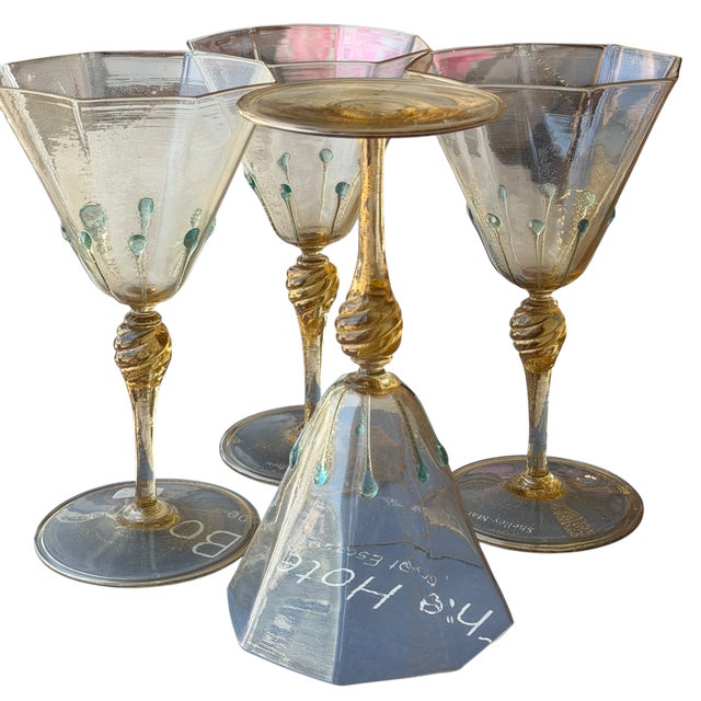 Art Nouveau Set of 4 Antique Venetian Italian Art Glass Galliano Ferro Wine Stems For Sale - Image 3 of 4