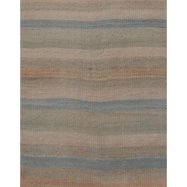 Ivory Vintage Turkish Kilim Runner Pastel Stripes Ivory Blue Beige Wool Rug For Sale - Image 8 of 11