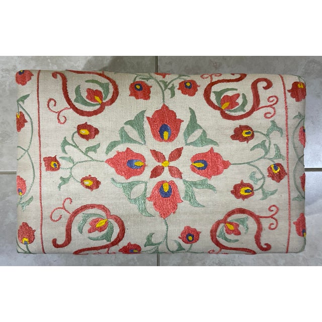 Antique Suzani Embroidered Footstool – Silk Hand-Stitched Needlepoint For Sale - Image 13 of 14