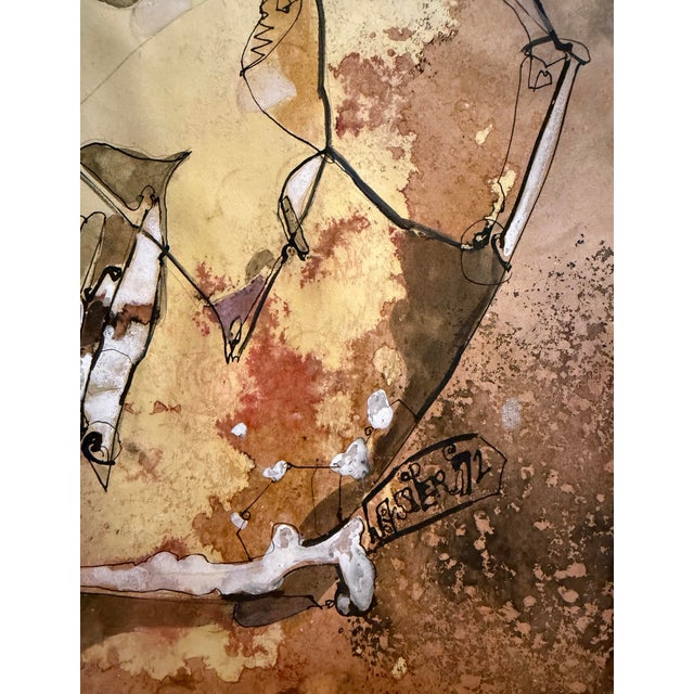 1972 Arzen (Signed) Mid-Century Modern Abstract Figurative Sepia Ink & Watercolor Painting on Paper – Unframed For Sale - Image 4 of 6