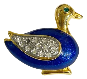 Vintage Gold Tone Blue Enamel Clear Rhinestone Duck Brooch Pin