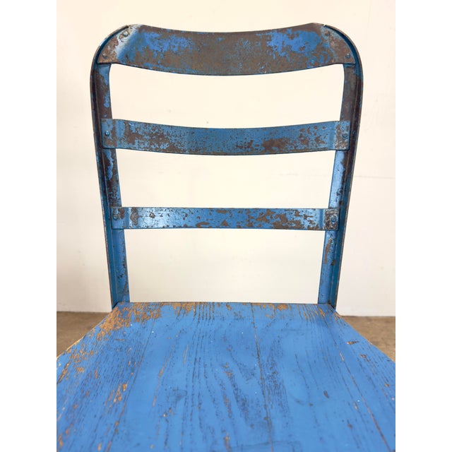 Antique Industrial Steel & Oak Chairs by Angle Steel Stool Co / K M Supply Company in Vivid Blue For Sale - Image 10 of 12