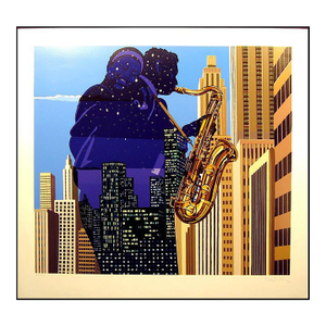 Reudor "City Serenade" Signed Numbered Serigraph Art, Jazz Music Sax Israel
