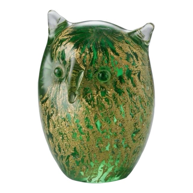 Cenedese (Attributed) Gold Flake/Clear/Green Sculpted Owl 3.5 For Sale