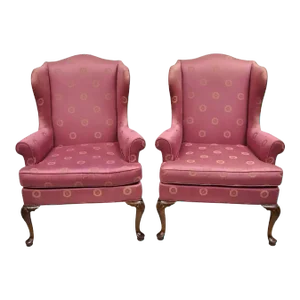 Late 20th Century Vintage Woodmark Originals Queen Anne Style Mahogany Wingback Chairs - a Pair