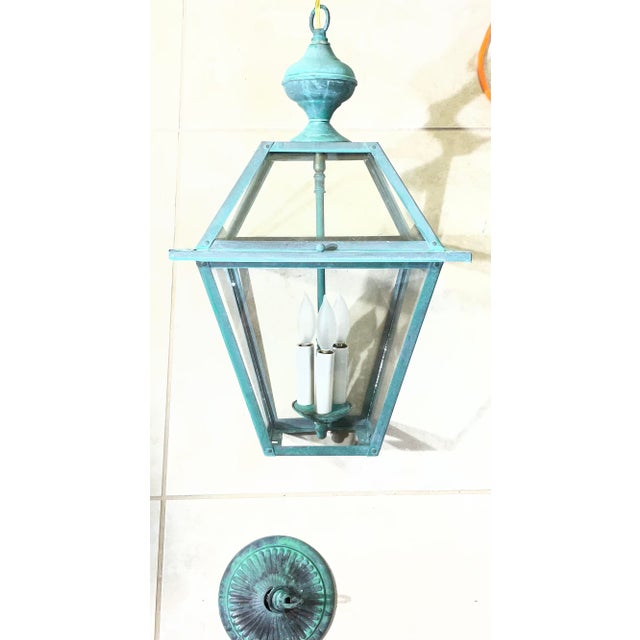Exquisite Vintage Verdigris Solid Brass & Hanging Lantern / Chandelier For Sale - Image 11 of 14