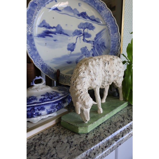 Late 20th Century Vintage Hand-Painted English Country Grazing Sheep Sculpture on Green Plinth For Sale - Image 5 of 18