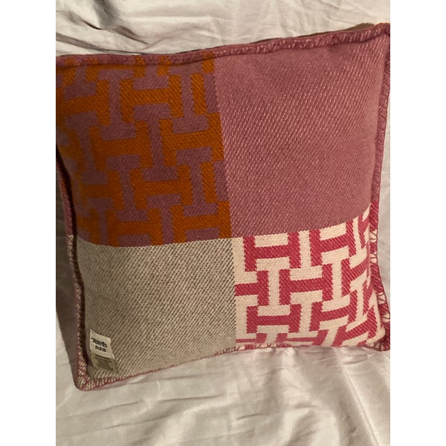 Hermès Hermes Hibiscus/Mandarine Avalon Terre d'H Pillow Hermes Hand Woven Blanket (100' Cashmere) Measures 15.7" X 15.7" New Never Used No Box For Sale - Image 4 of 8