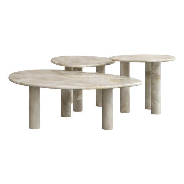 Sunpoet Coffee Tables in Carved Honed Bianco Onyx by Paloma Editions, Set of 3 For Sale