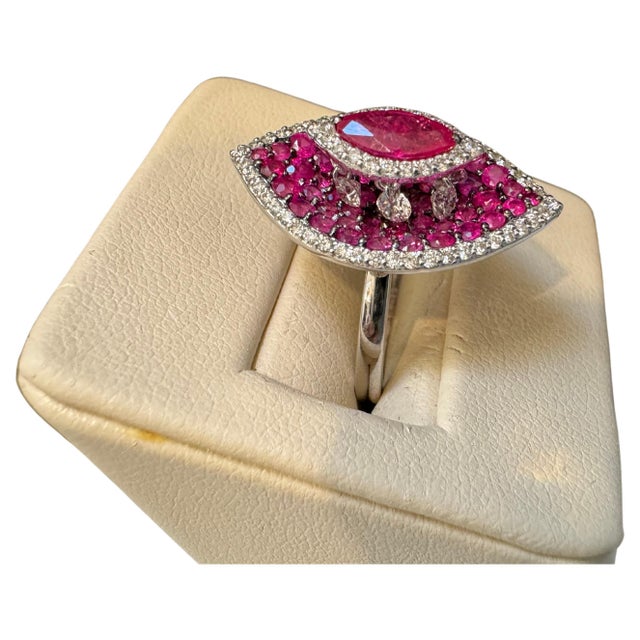 2.5 Ct Natural Marquis Ruby & 1 Ct Dancing Diamond 18 Kt White Gold Ring Size 6 For Sale - Image 15 of 18
