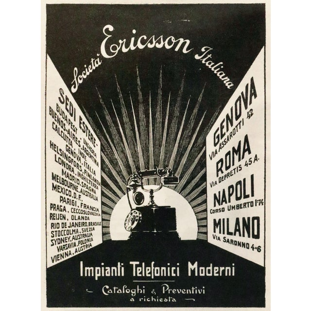 1920s Italian Advertisement, Impianti Telefonici Moderni, Societa Ericsson Italiana (Matted) For Sale