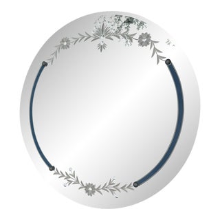1940s Art Deco Frameless Round Etched Beveled Mirror For Sale