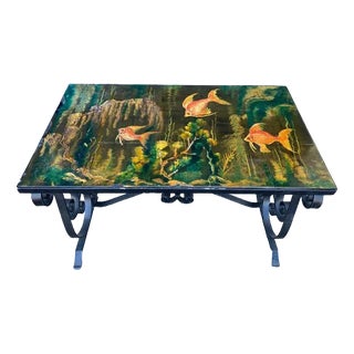 Lacquered Wood Table with Fish Decorations and Wrought Iron Base by P. Bertille, 20th Century For Sale