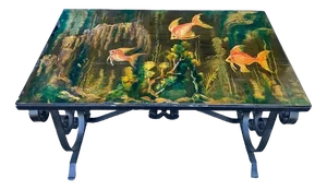 Lacquered Wood Table with Fish Decorations and Wrought Iron Base by P. Bertille, 20th Century