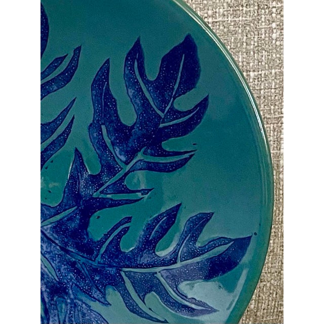 Ceramic Vintage Blue Leaf Pottery Bowl For Sale - Image 7 of 10