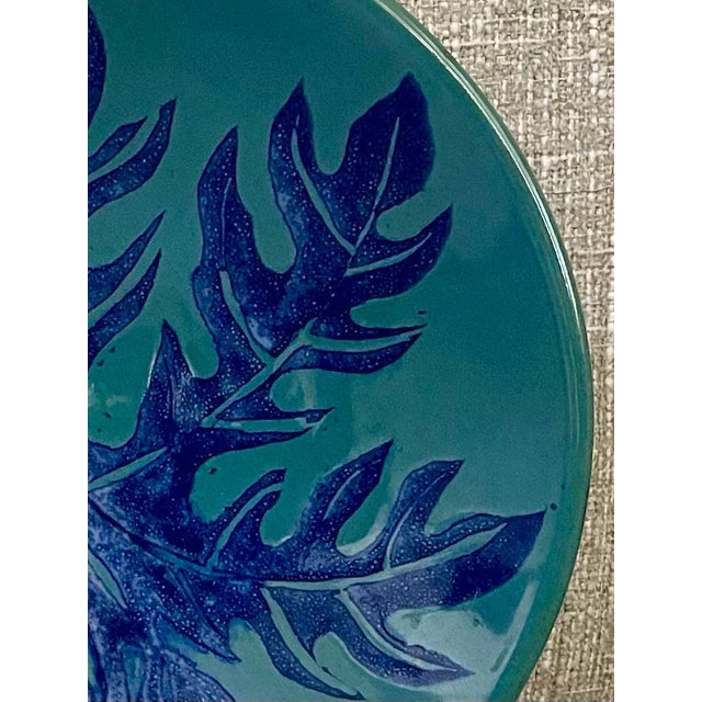 Ceramic Vintage Blue Leaf Studio Pottery Bowl For Sale - Image 7 of 9