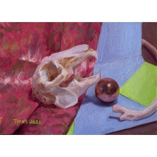 Skull with Copper by Taylor Tynes | Oil on Panel Still life featuring a skull and a copper ball For Sale