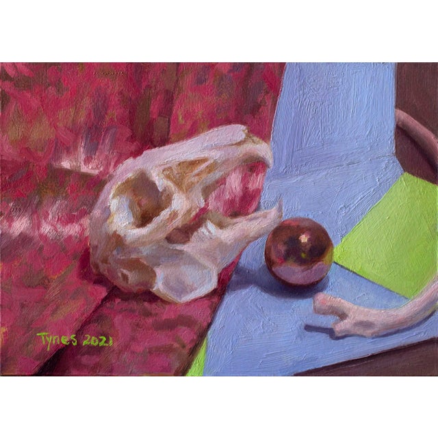 Skull with Copper by Taylor Tynes | Oil on Panel Still life featuring a skull and a copper ball For Sale