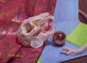 Skull with Copper by Taylor Tynes | Oil on Panel Still life featuring a skull and a copper ball