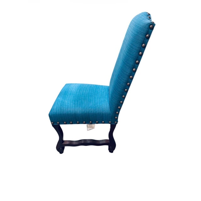 French Set of 8 Designmaster “Strasbourg” French Carved Dining Chairs in Peacock Blue For Sale - Image 3 of 9