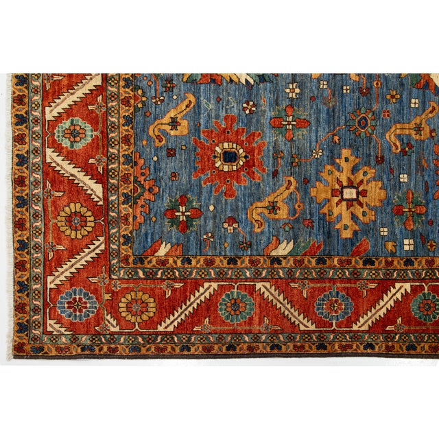 8 X 14 Contemporary Serapi-Style Blue Wool Rug Featuring a Floral Design For Sale - Image 10 of 10