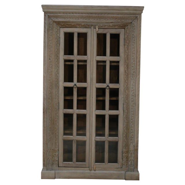 Antique White Eclectic Hand Carved Farmhouse Style Armoire With Glass Panel Doors | 82 Inch and 2 Door Tall Armoire | Unique Display Cabinet For Sale - Image 8 of 8