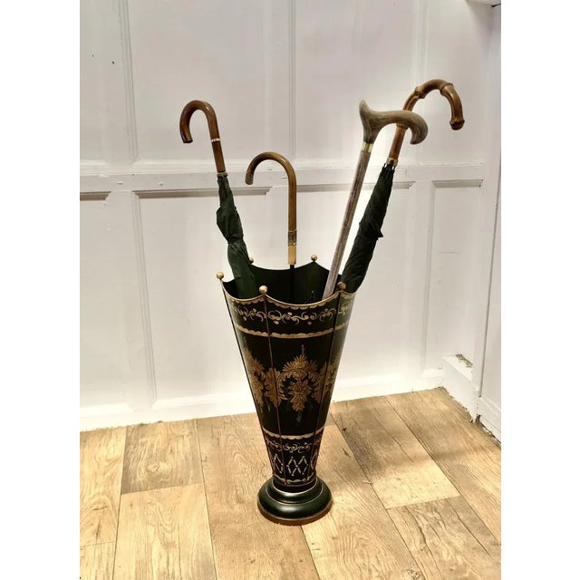Italian Toleware Umbrella Stand Hand Painted Gold on Black, 1920s For Sale - Image 6 of 7