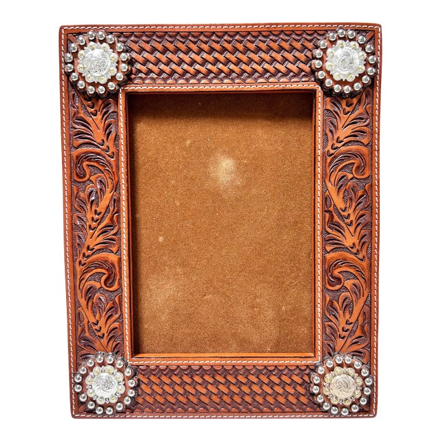 1980s Southwestern Tooled Leather Picture Frame With Concho Accents, Holds 5x7 Photo For Sale