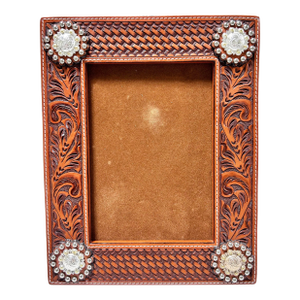 1980s Southwestern Tooled Leather Picture Frame With Concho Accents, Holds 5x7 Photo