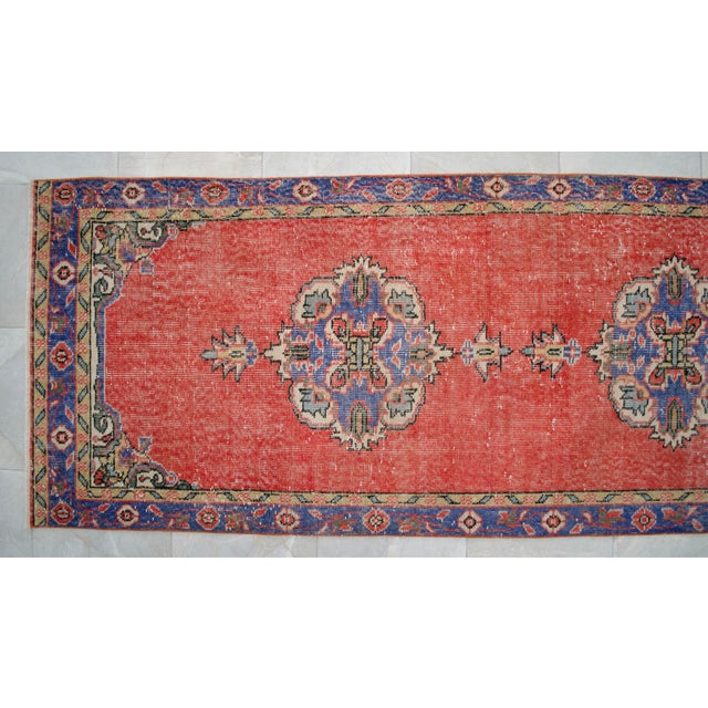 Traditional Ottoman Design Distressed Oushak Runner Rug Faded Colors Low Pile - 3'3″ X 12' For Sale - Image 11 of 15