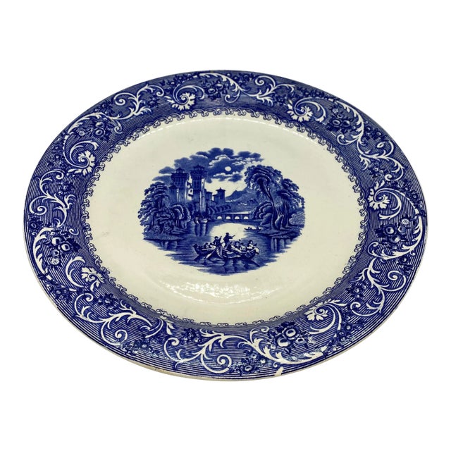 Antique Late 19th Century Ridgways Blue & White “Rhine” Transferware Chop Plate For Sale