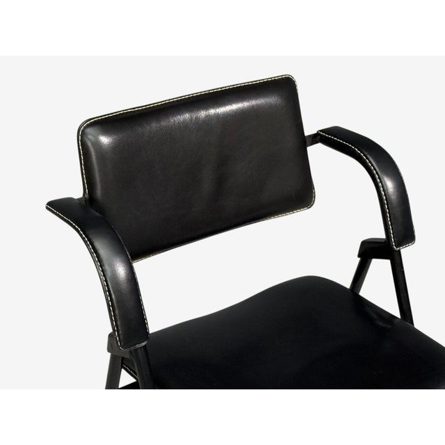 Jacques Adnet Attr., Desk and Folding Chair, Black Leather, Brass, France, 1950s For Sale - Image 13 of 18
