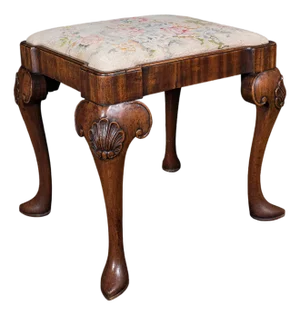 Antique Queen Anne Revival Dressing Stool, English, Needlepoint, Victorian, 1870
