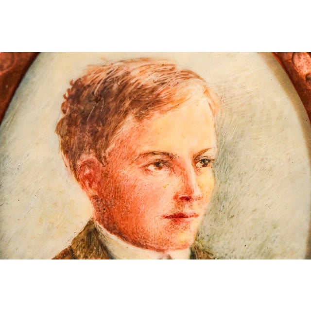 Arts & Crafts Handsome Antique Portrait Miniature Painting of Young Man Arts and Crafts Hammered Copper Frame Home Decor For Sale - Image 3 of 6