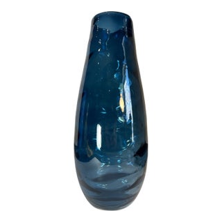 14+ In, Tall Art Glass Wavy Pattern Blue Vase For Sale