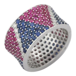 18k Solid Gold Pave Diamonds Sapphires & Ruby Cocktail Band Ring Size 7 For Sale