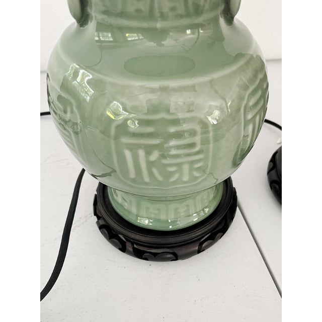 1940s Chinese Celadon Green Ceramic Table Lamps - A Pair For Sale In New York - Image 6 of 12