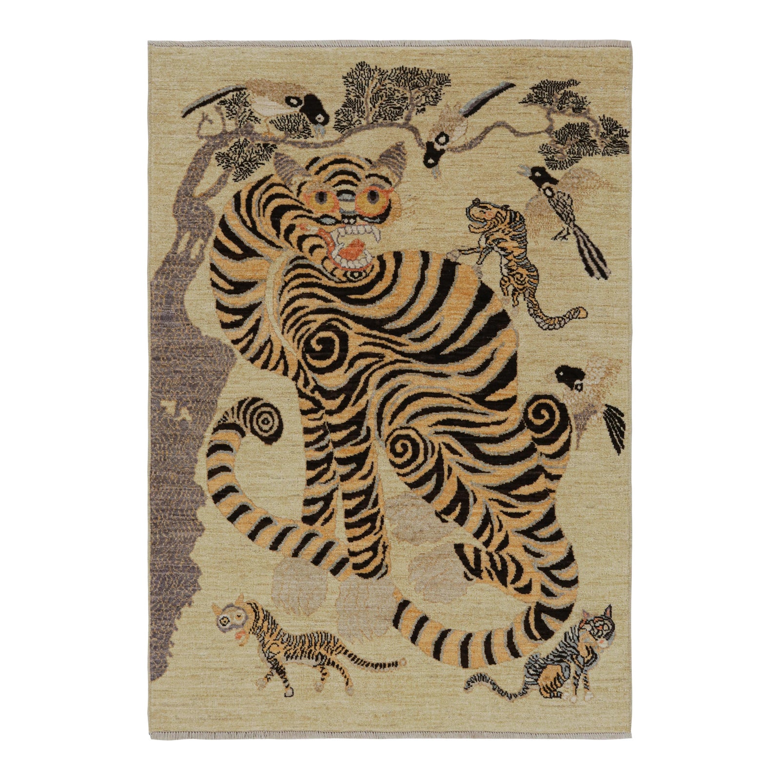 Classic Pictorial Korean Tiger Rug in Beige/Brown and Brown by Rug
