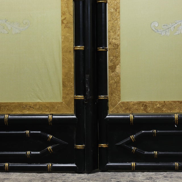 Vintage Neoclassical Four-Panel Folding Screen – Hand-Painted Silk With Faux Bamboo Frame For Sale - Image 11 of 15