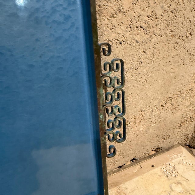 AMBIANIC presents Moiré Glaze Kyes Handmade Serving Tray Pasadena Ca Blue Enamel Plate hammered metal base with an enamel...