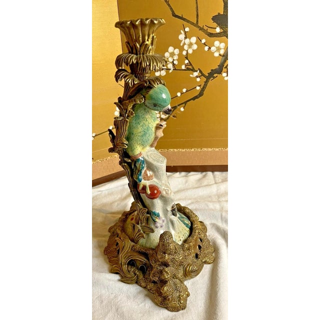 Ceramic Antique Ormolu Mounted Hand Painted Porcelain Parrot Candlestick Holder 14" tall For Sale - Image 7 of 7