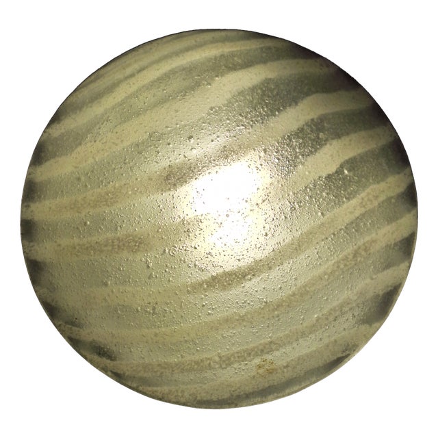 Vintage German Flat Ceiling Lamp with White Striped Frosted Glass Shade from Peill & Putzler, 2000s For Sale