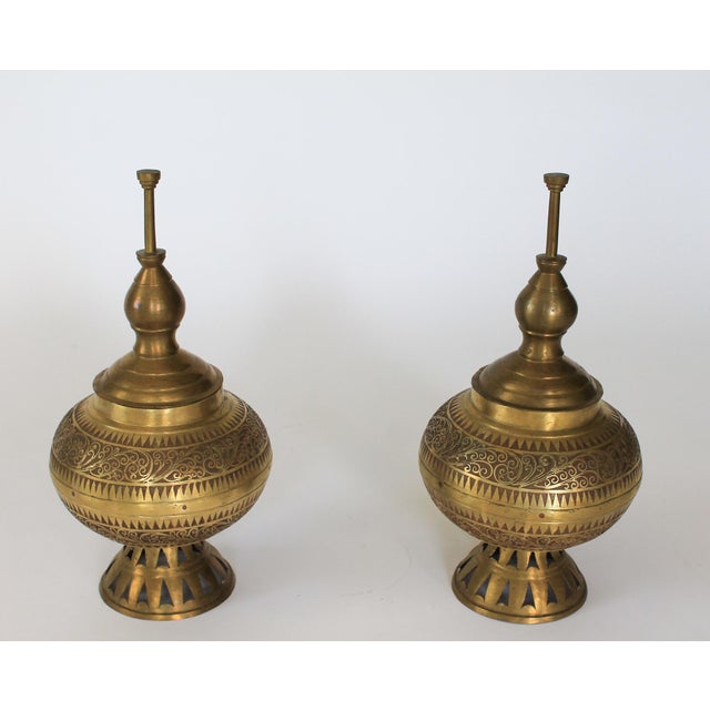 Early 20th Century Vintage Etched Brass Asian Philippine Wedding Vessels or Urns - A Pair For Sale - Image 5 of 15