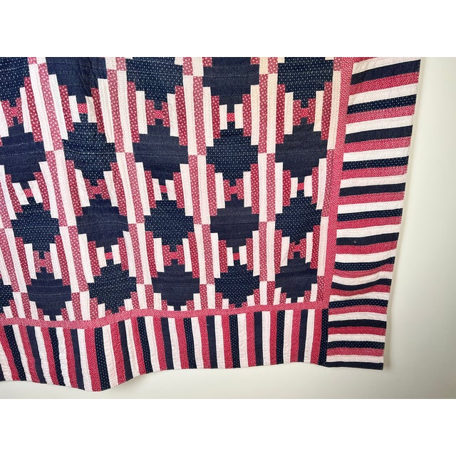 Textile Matching Pair of Antique American Patriotic Hand Quilted Log Cabin Quilts C. Early 20th Century For Sale - Image 7 of 13